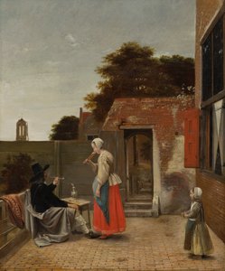 Een man die rookt en een vrouw die drinkt in een binnenplaats, ca. 1658-60