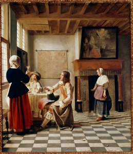 Nederlands Interieur. Een vrouw drinkt met twee mannen aan tafel