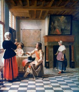 Interieur, Vrouw drinkt met Twee Mannen, en een Dienstmeid, ca. 1658