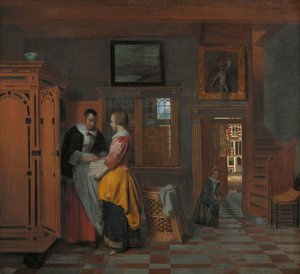 Interieur met vrouwen naast een linnenkast