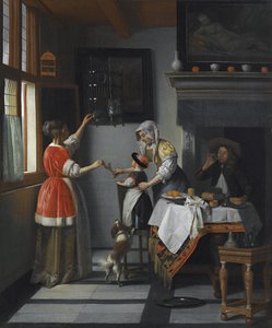 Interieur met een kind dat een papegaai voedt door Pieter de Hooch