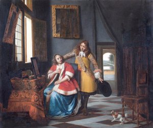 De indringer: een dame bij haar toilet, verrast door haar minnaar door Pieter de Hooch