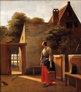 Het dienstmeisje op de binnenplaats van een Nederlandse stad door Pieter de Hooch