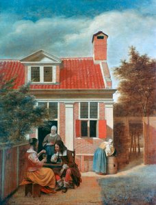 Drie Vrouwen en een Man in een Binnenplaats achter een Huis, ca. 1657-1659 door Pieter de Hooch