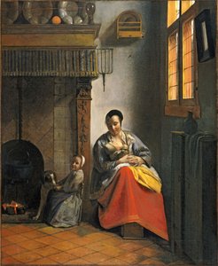 Vrouw die een baby borstvoeding geeft, met een kind en een hond door Pieter de Hooch