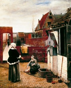 Vrouw en haar dienaar in een hof