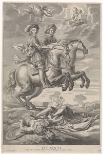 Ferdinand van Oostenrijk met Ferdinand, koning van Bohemen en Hongarije, te paard bij de overwinning bij Nördlingen door Pieter de Jode (II)