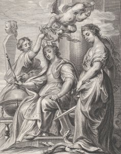 Allegorie van Goed Bestuur, zittend in het midden en gekroond door een putto en een vrouw door Pieter de Jode II