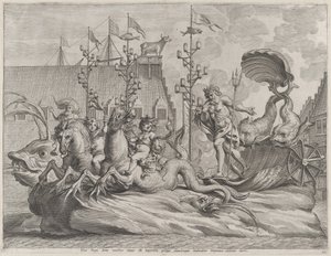 Philip van Spanje als Neptunus, rijdend in een wagen getrokken door twee zeepaarden, 1636 door Pieter de Jode II