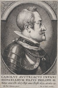 Portret van Karel van Oostenrijk, Infante van Spanje, in profiel naar rechts, ca. 1650 door Pieter de Jode II
