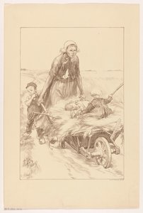 Boerin die een kruiwagen met hooi en twee kinderen duwt door Pieter de Josselin
