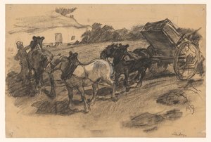 Toom van drie paarden voor een wagen op een hellend akkerland te Limburg