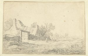 Duinlandschap met drie figuren voor een boerderij door Pieter de Neyn