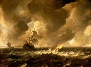 Een fluit en andere schepen voor de Nederlandse kust, midden 17e eeuw door Pieter de Zeelander