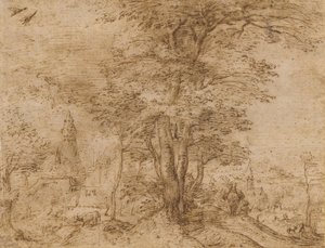 Een dorp met een groep bomen en een muilezel, ca. 1552-54 door Pieter Bruegel the Elder