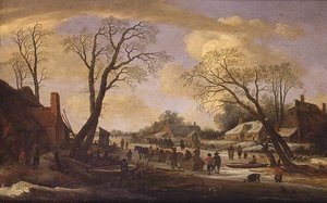Een winter rivierlandschap met boeren en paardensledes