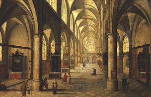 Interieur van een kathedraal met figuren