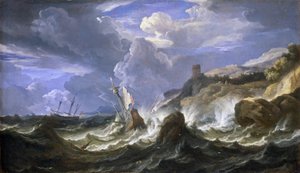 Schipbreuk in een storm nabij een rotsachtige kustlijn, midden 17e eeuw door Pieter Mulier II de Jongere door Pieter the Younger (1637 1701) Mulier