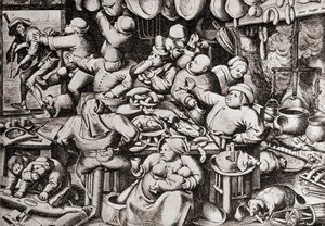 Bedelaar die uit de keuken van een rijke man wordt gegooid, in de 16e eeuw (gravure) door Pieter the Younger Brueghel