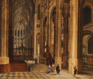 Kerkinterieur (Gezicht in het koor van St. Eustache, Parijs) (olieverf op hout)