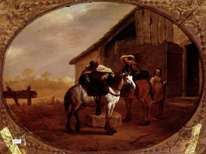 Vertrek van het hotel. Twee ruiters rijden op hun paarden na een stop in een herberg. Schilderij door Pieter Van Laer, genaamd Bamboccio (1592/5-1642)