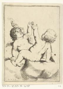 Een engel en een kind op een wolk door Pieter van Avont