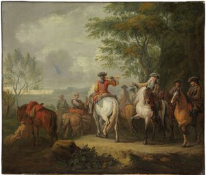 Ruiters vertrekken op reis door Pieter van Bloemen