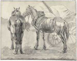 Twee tuigpaarden bij een kar door Pieter van Bloemen