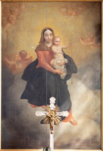 Binnenaanzicht, schilderij "Onze Lieve Vrouw met Kind met Rozenkrans", altaarstuk op het hoofdaltaar door Pierre Van Hanselaere