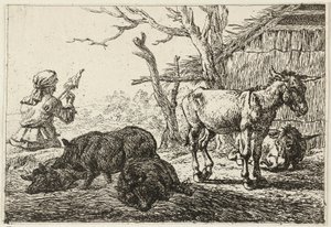 Varkens en ezels bij een stal, links een vrouw-spinner