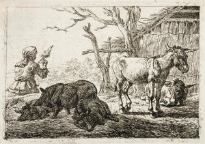 Varkens en ezels bij een stal, links een vrouw-spinner