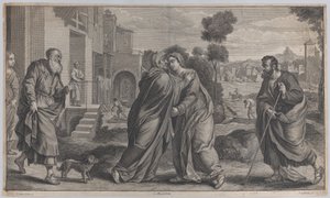 Bezoek, Sint-Elizabeth omhelst de Maagd in het midden terwijl Sint-Jozef naar... loopt, ca. 1656-60 door Pieter van Lisebetten