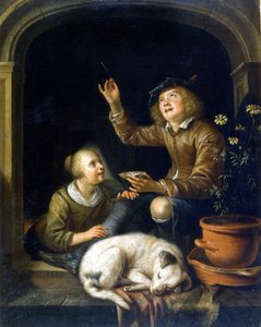 De zeepbel. Schilderij door Pieter Corneliszoon van Slingelandt (1625 - 1691). Milaan Museo del Castello. door Pieter van Slingelandt