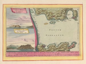 Gezicht op de rots van Gibraltar en een kaart van de straat van Gibraltar