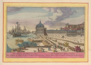 Gezicht op het Koninklijk Paleis te Lissabon en het voorplein met mensen