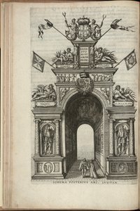 Rivieren Tagus, Plata, Ganges en Hydaspes. De achterkant van de Portugese triomfboog, Intocht van Ernst, Aartshertog van Oostenrijk, in Antwerpen, gepubliceerd 1595 (gravure) door Pieter van der Borcht