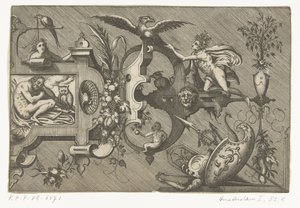 Rechterhelft van een grote cartouche met een voorstelling van de Nacht door Pieter van der Heyden