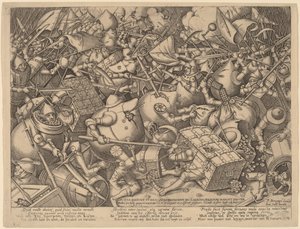 De Slag van de Geldzakken en de Sterke Kisten door Pieter van der Heyden after Pieter Bruegel the Elder
