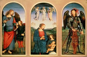 De maagd met engelen, links en rechts Aartsengelen Rafaël met de jonge Tobias en de vis en Rafaël ... (schilderij op doek) door Pietro (after) Perugino