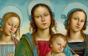 Maagd en Kind tussen de Heiligen Rosa en Catherine door Pietro (after) Perugino