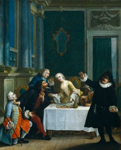 De snack met de maskers (detail) door Pietro (school of) Longhi