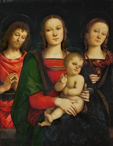 Madonna met kind, omringd door de heilige Johannes Baptist en de heilige Catharina ...