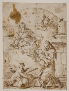Sint Antonius van Padua knielt met het Christuskind in zijn armen terwijl de Maagd en engelen in de lucht verschijnen door Pietro Antonio Novelli