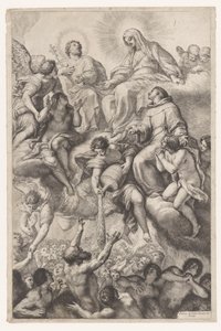 Maria, Jozef en Antonius van Padua als voorspraak voor zielen in het vagevuur door Pietro Antonio de Pietri
