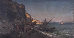 Vissers in een baai bij zonsondergang
