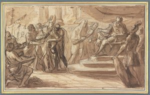 Een bisschop wordt geboeid voor een Romeinse keizer gebracht door Pietro Bianchi