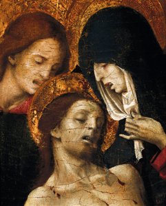 Kruisafneming (Deposizione), detail van Sint Johannes, de Maagd Maria en Christus, begin 16e eeuw door Pietro Cavaro
