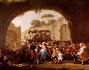 Dansscène en volksfeest in Napels (detail). Tarantella dansers. Schilderij door Pietro Fabris (actief tussen 1763 en 1776) 18e eeuw Napels, Museo Nazionale di San Martino door Pietro Fabris