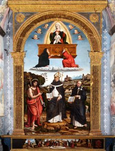 Odigitria Madonna met heiligen Johannes de Doper, Antoninus van Florence en Nicola da Tolentino, gesigneerd en gedateerd door Pietro Francesco (1485 1528) Sacchi