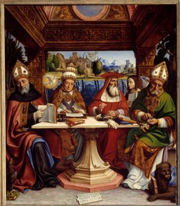 De vier kerkvaders met de symbolen van de vier evangelisten (Sint-Augustinus met een adelaar, Sint-Gregorius de Grote met een os, Sint-Hieronymus met een engel en Sint-Ambrosius met een gevleugelde leeuw). door Pietro Francesco  Sacchi